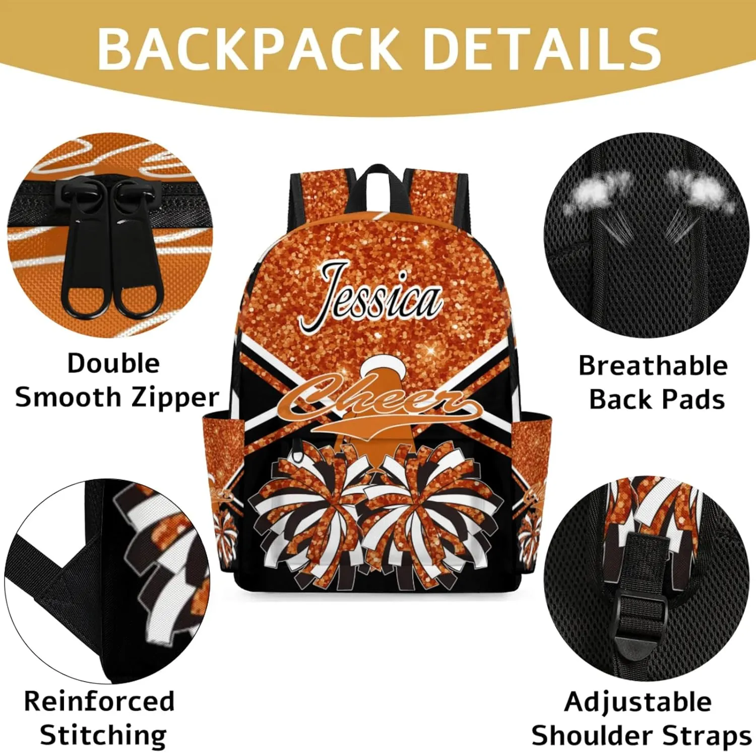 Personalized Cheer Bag Name Backpack Bags for Women Men, Custom Large Capacity Waterproof Cheerleading Shoulder Bags, Casual Daypack, Dark Orange Glitter Cheerleader