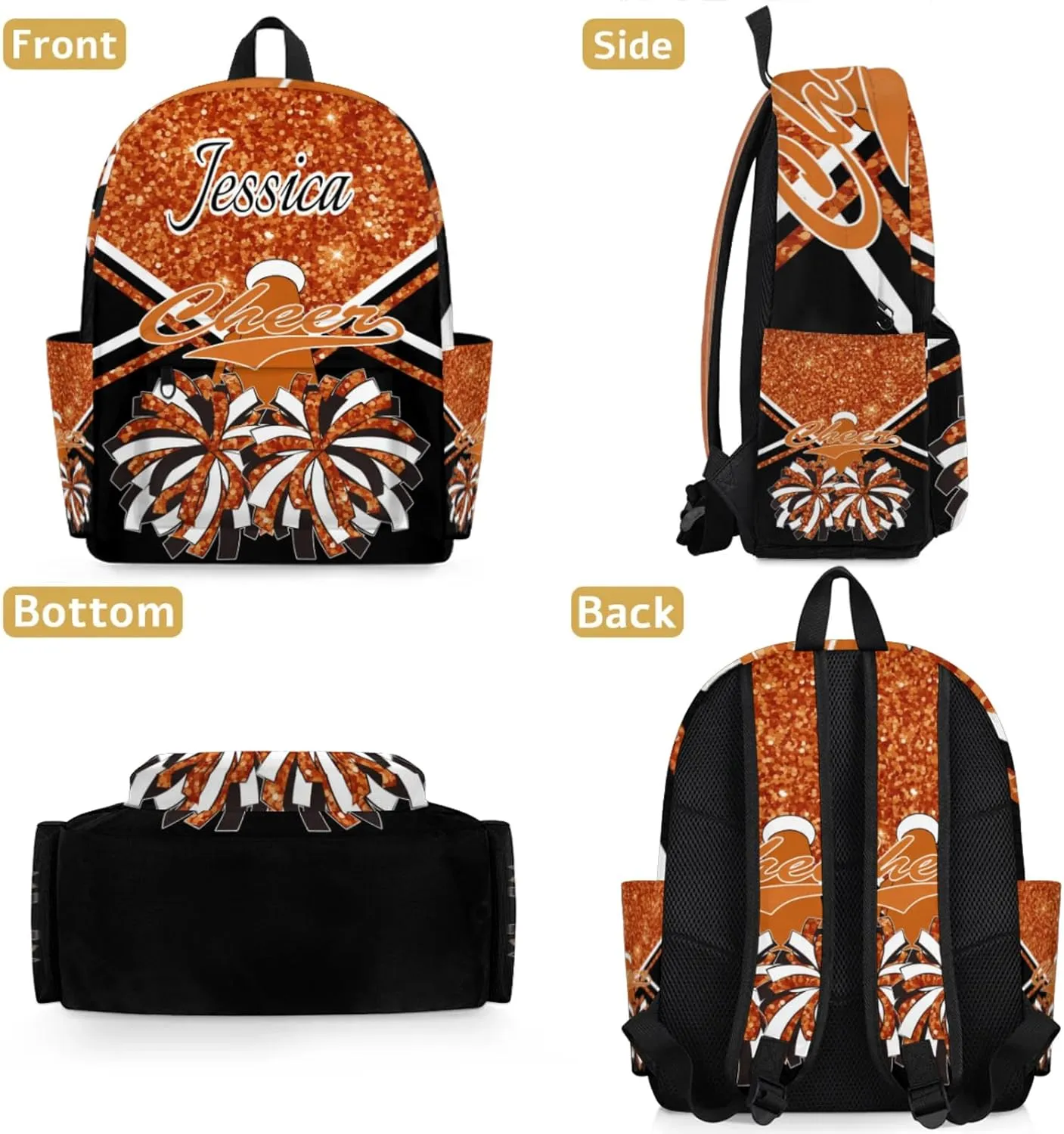 Personalized Cheer Bag Name Backpack Bags for Women Men, Custom Large Capacity Waterproof Cheerleading Shoulder Bags, Casual Daypack, Dark Orange Glitter Cheerleader