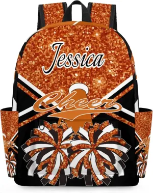 Personalized Cheer Bag Name Backpack Bags for Women Men, Custom Large Capacity Waterproof Cheerleading Shoulder Bags, Casual Daypack, Dark Orange Glitter Cheerleader
