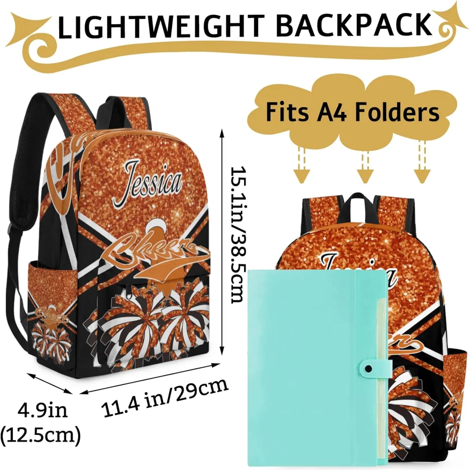 Personalized Cheer Bag Name Backpack Bags for Women Men, Custom Large Capacity Waterproof Cheerleading Shoulder Bags, Casual Daypack, Dark Orange Glitter Cheerleader