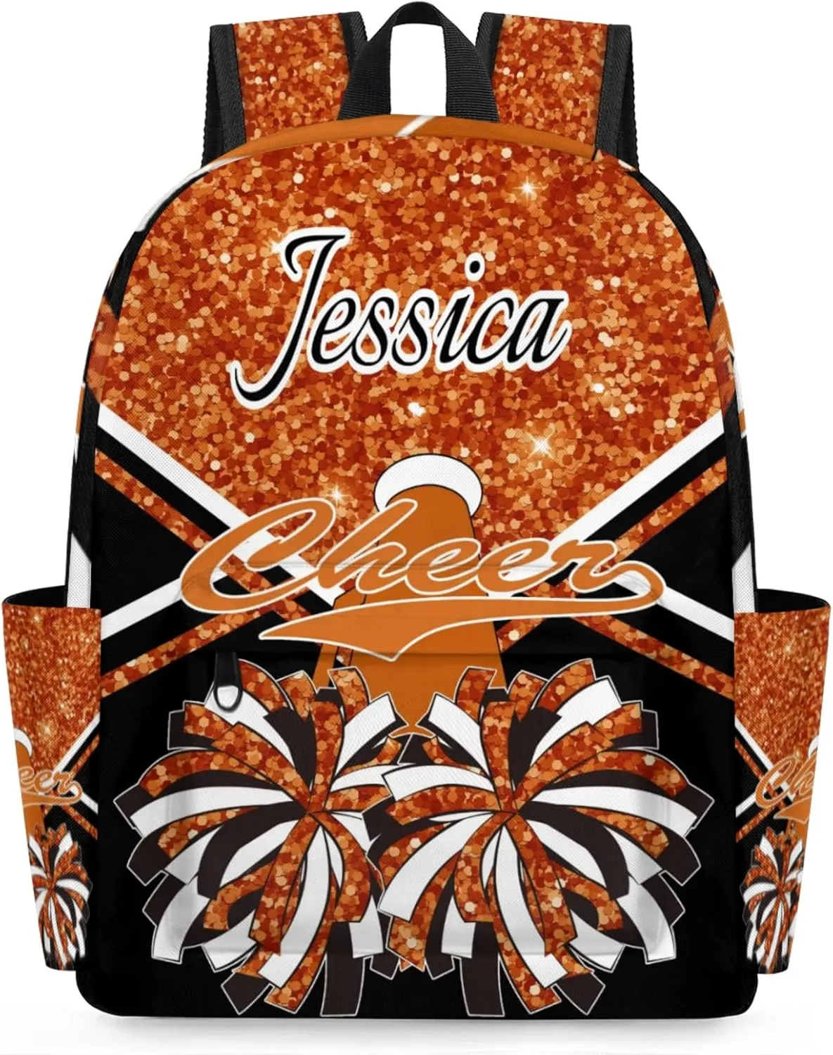 Personalized Cheer Bag Name Backpack Bags for Women Men, Custom Large Capacity Waterproof Cheerleading Shoulder Bags, Casual Daypack, Dark Orange Glitter Cheerleader