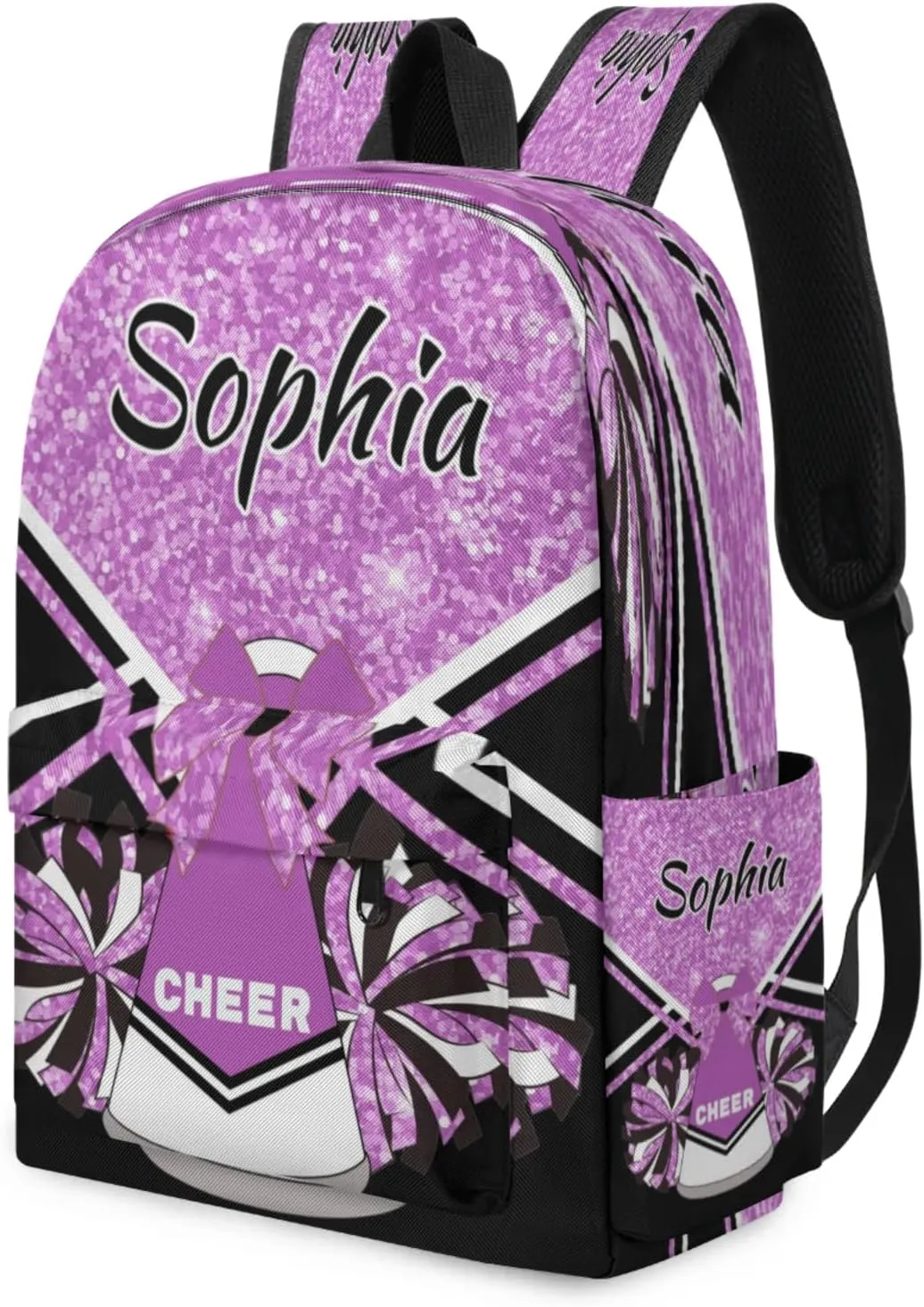Personalized Cheer Bag Name Backpack Bags for Women Men, Custom Large Capacity Waterproof Shoulder Bags, Casual Daypack, Taro Purple Glitter