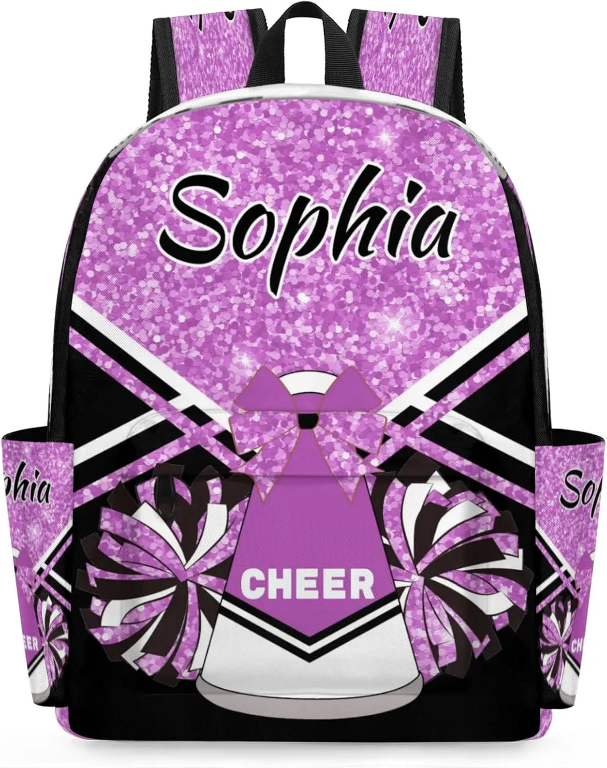 Personalized Cheer Bag Name Backpack Bags for Women Men, Custom Large Capacity Waterproof Shoulder Bags, Casual Daypack, Taro Purple Glitter
