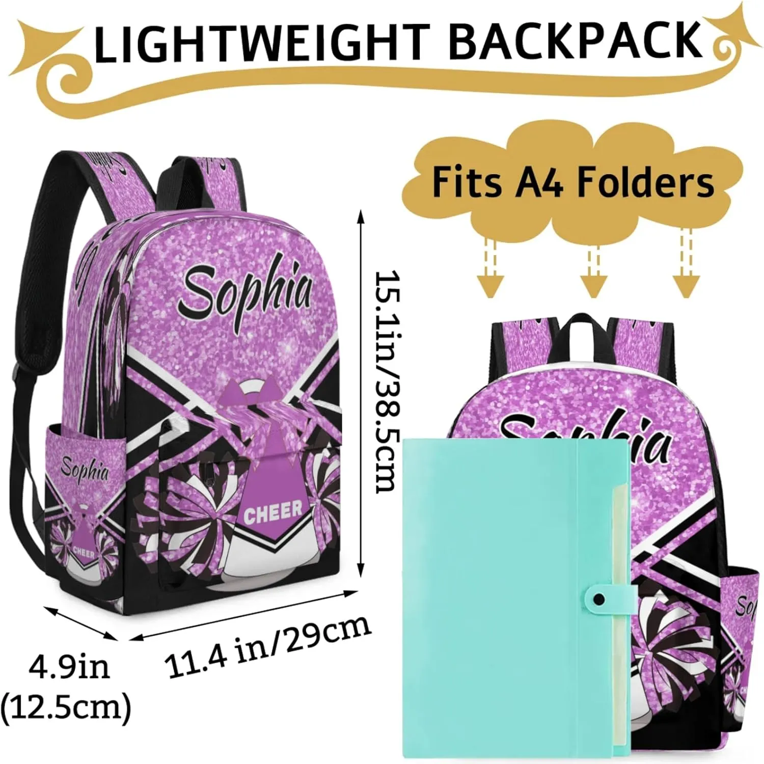 Personalized Cheer Bag Name Backpack Bags for Women Men, Custom Large Capacity Waterproof Shoulder Bags, Casual Daypack, Taro Purple Glitter