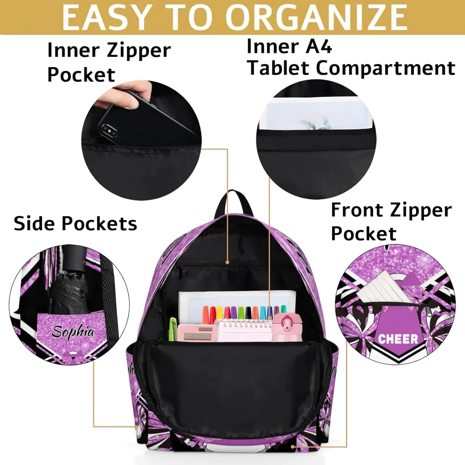 Personalized Cheer Bag Name Backpack Bags for Women Men, Custom Large Capacity Waterproof Shoulder Bags, Casual Daypack, Taro Purple Glitter