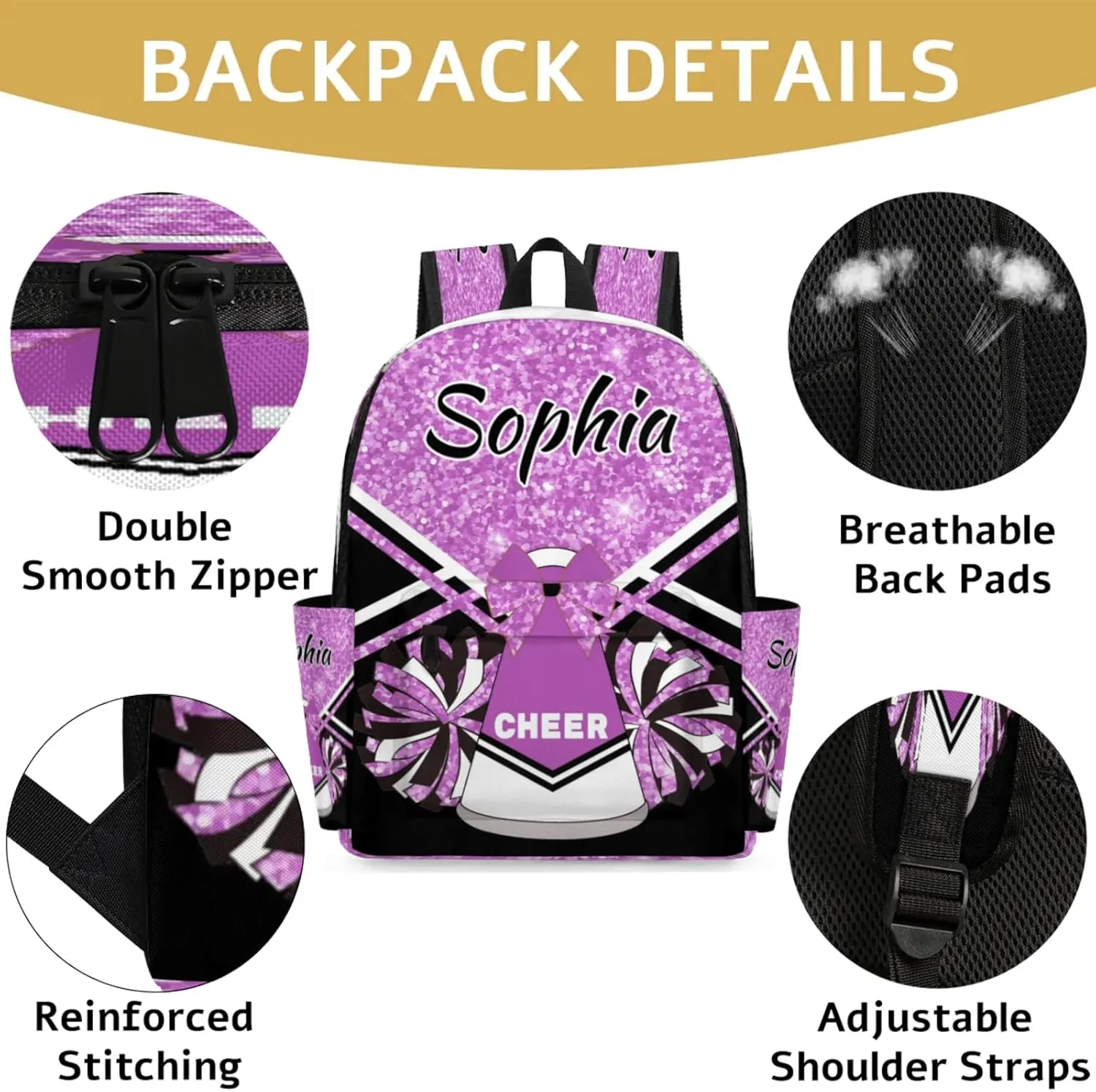 Personalized Cheer Bag Name Backpack Bags for Women Men, Custom Large Capacity Waterproof Shoulder Bags, Casual Daypack, Taro Purple Glitter
