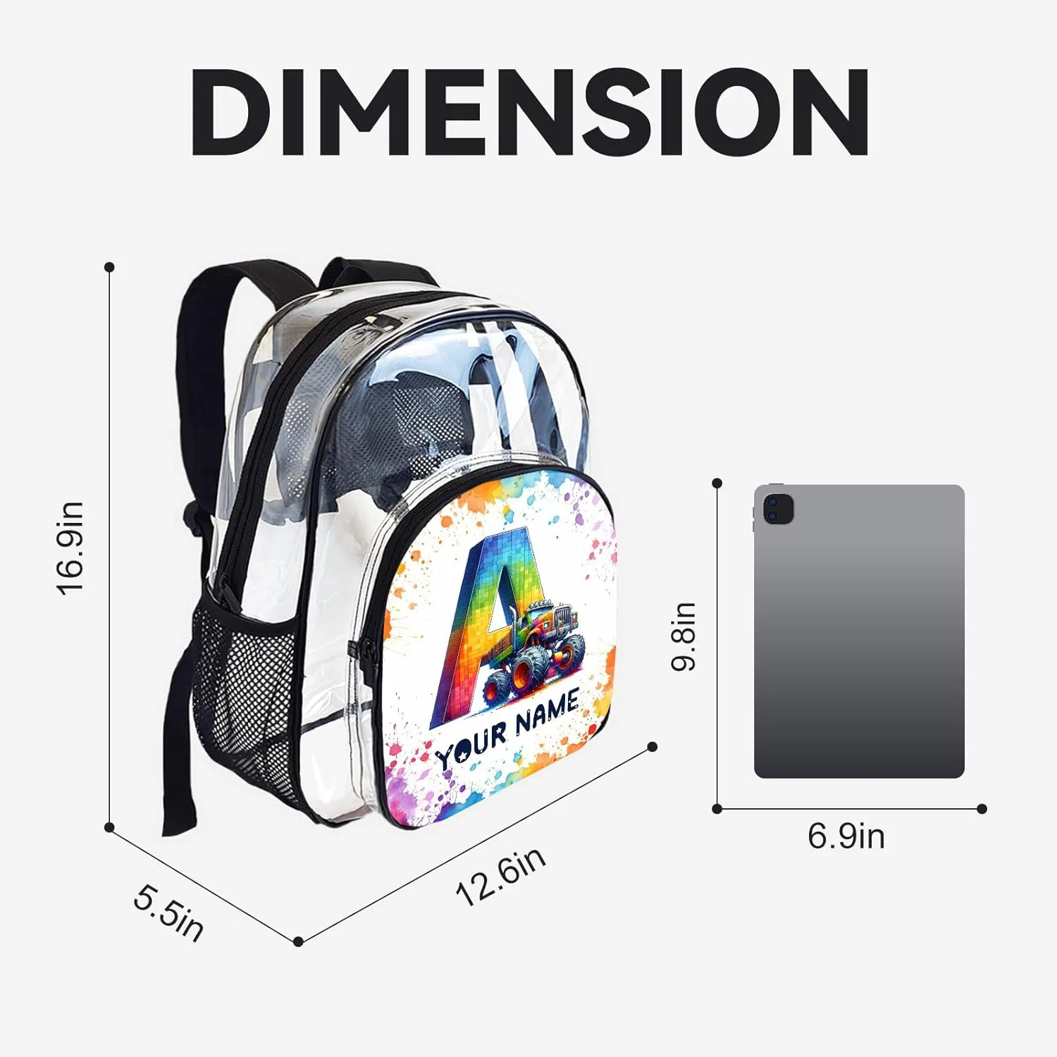 Personalized Clear Backpack for School Stadium Events Team Gifts for Women Men, Tractor Transparent Backpack Letter Heavy Duty With Buckle for Kids for College Workplace Stadium