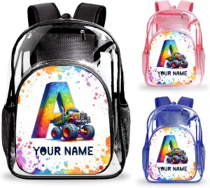 Personalized Clear Backpack for School Stadium Events Team Gifts for Women Men, Tractor Transparent Backpack Letter Heavy Duty With Buckle for Kids for College Workplace Stadium