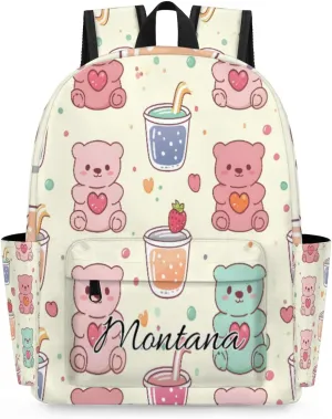 Personalized Colorful Bear Backpack for Girls, Waterproof Lightweight Kindergarten Elementary Book Bag for Kids Cute Daycare Travel Bag
