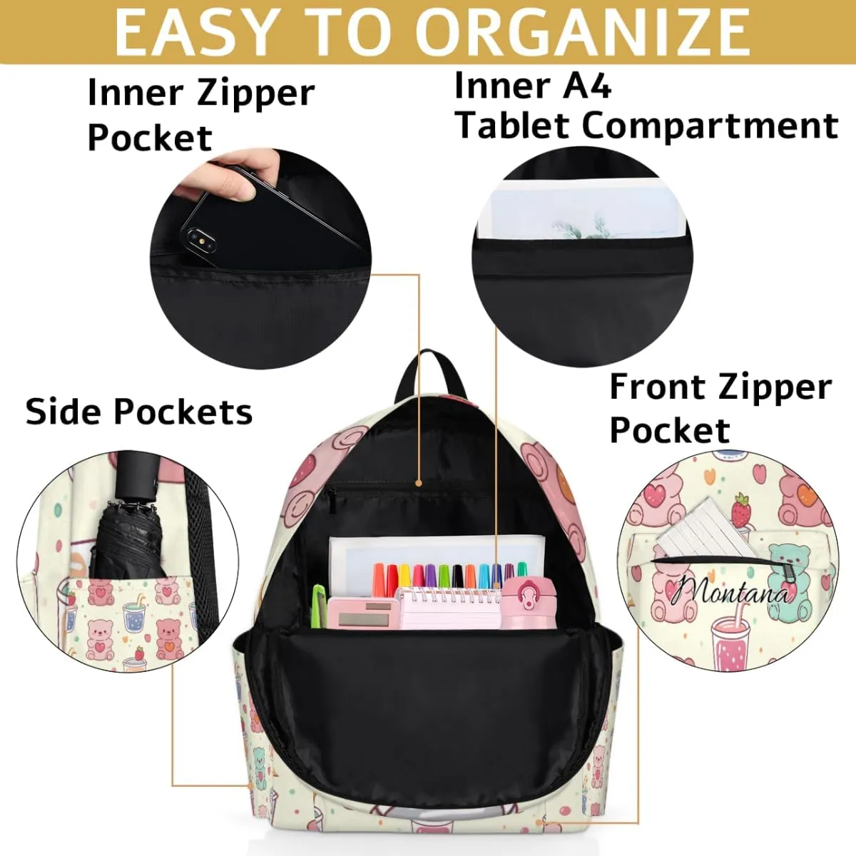 Personalized Colorful Bear Backpack for Girls, Waterproof Lightweight Kindergarten Elementary Book Bag for Kids Cute Daycare Travel Bag