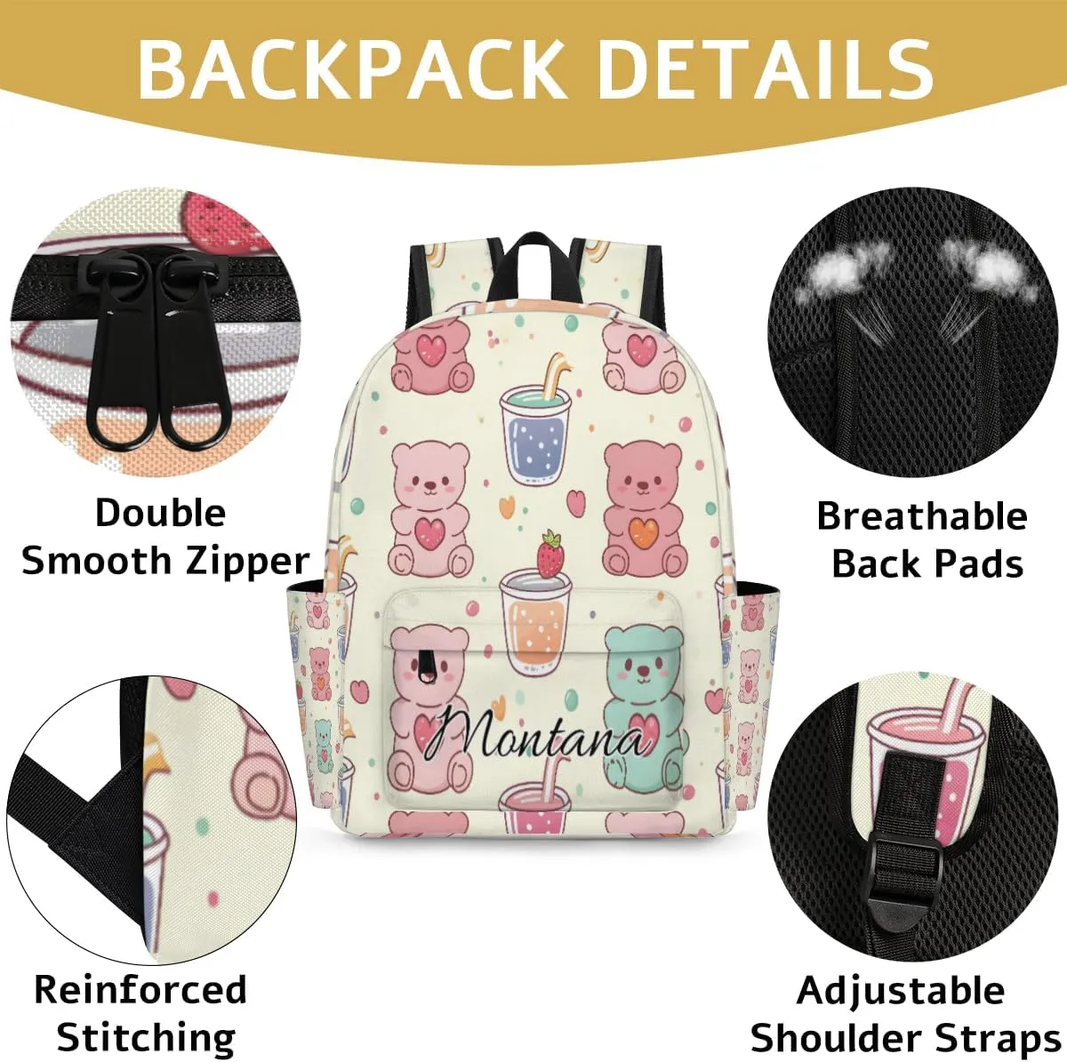Personalized Colorful Bear Backpack for Girls, Waterproof Lightweight Kindergarten Elementary Book Bag for Kids Cute Daycare Travel Bag