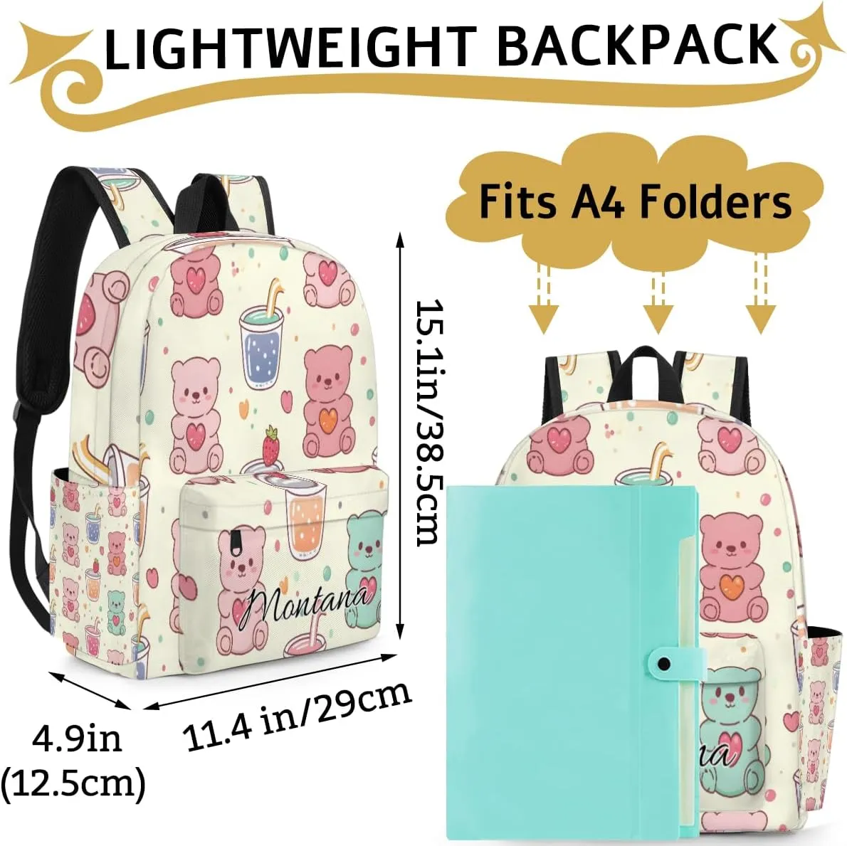 Personalized Colorful Bear Backpack for Girls, Waterproof Lightweight Kindergarten Elementary Book Bag for Kids Cute Daycare Travel Bag