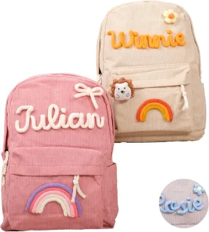 Personalized Corduroy Backpack Casual Kids Backpack Lightweight Travel Daypack Custom School Book Bag with Name Laptop Backpacks Toddler Shoulder Bag