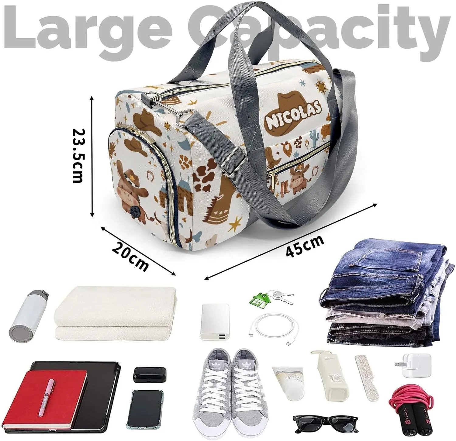 Personalized Cowboy Cow Wild Western Dance Bag Girls Yoga Bag Dance Bag With Name,Patch Travel Duffel Bag Women Cheerleader Bag Sport Duffle Bag for Gym Ballet