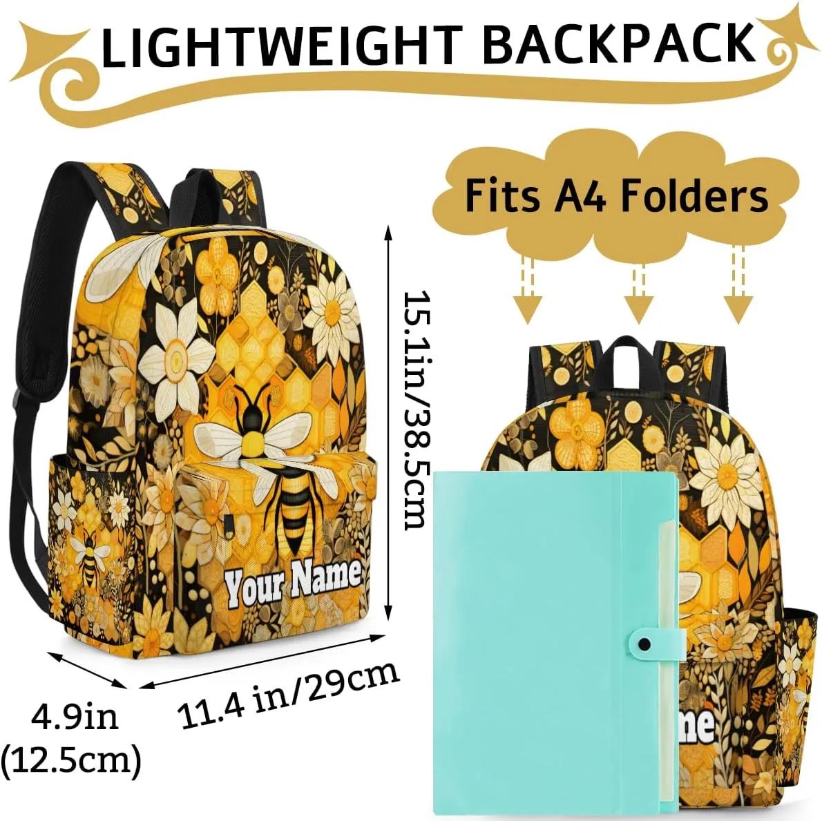 Personalized Cute Bee Preschool Toddler Backpack for Boys Girls Custom Kids Name Small Bookbags Kindergarten Elementary Backpack, Bee Floral