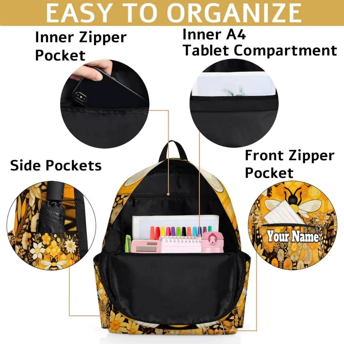Personalized Cute Bee Preschool Toddler Backpack for Boys Girls Custom Kids Name Small Bookbags Kindergarten Elementary Backpack, Bee Floral