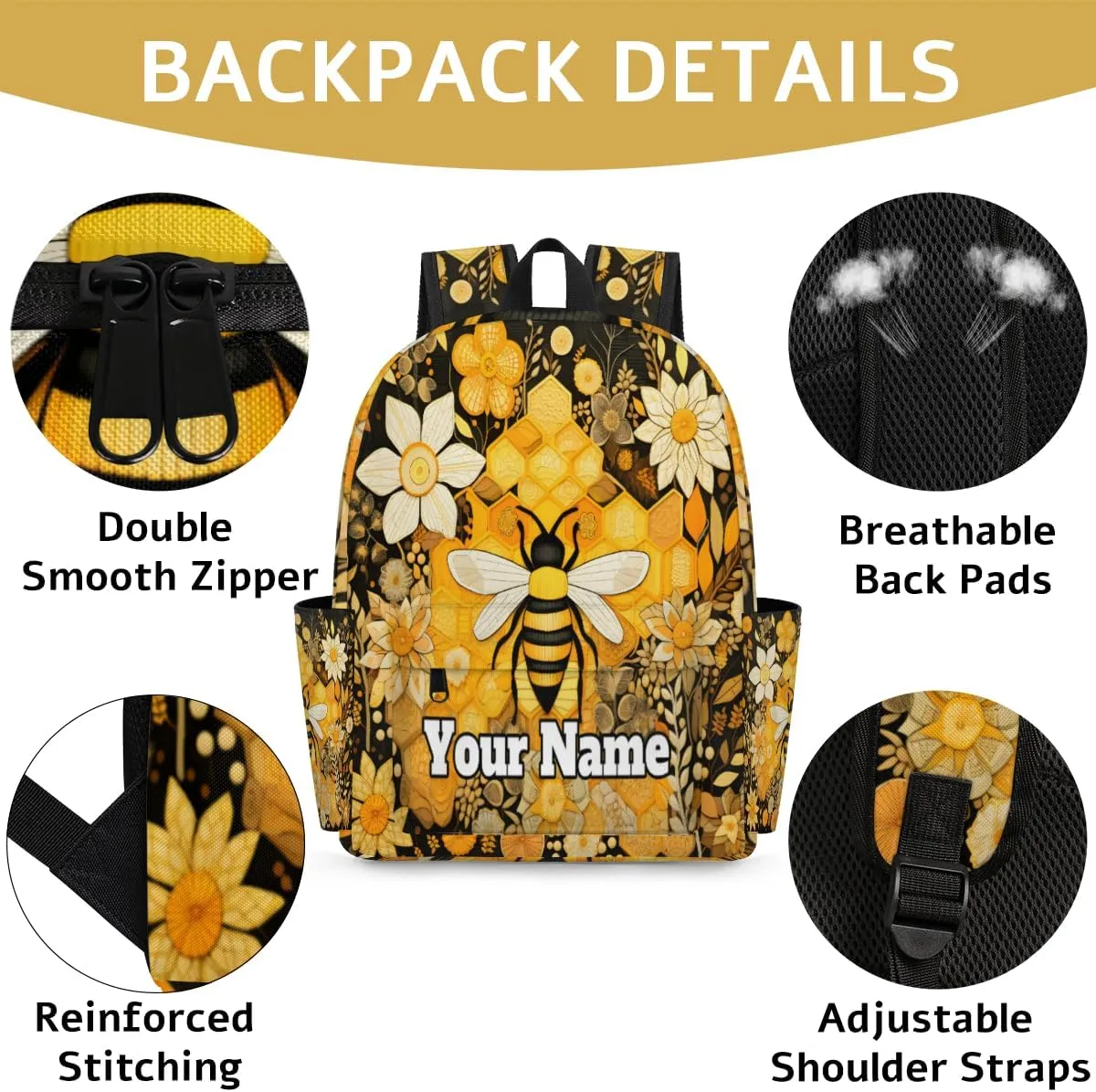 Personalized Cute Bee Preschool Toddler Backpack for Boys Girls Custom Kids Name Small Bookbags Kindergarten Elementary Backpack, Bee Floral