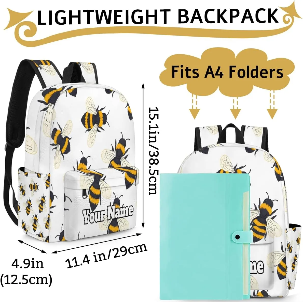 Personalized Cute Bee Preschool Toddler Backpack for Boys Girls Custom Kids Name Small Bookbags Kindergarten Elementary Backpack, Honey Bee