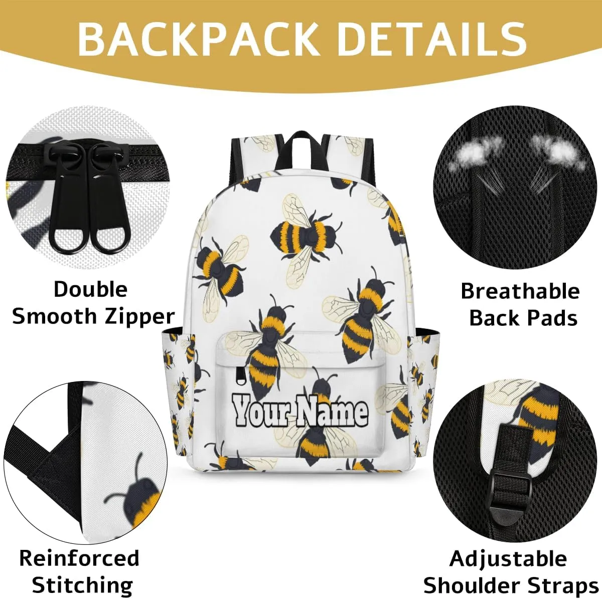Personalized Cute Bee Preschool Toddler Backpack for Boys Girls Custom Kids Name Small Bookbags Kindergarten Elementary Backpack, Honey Bee