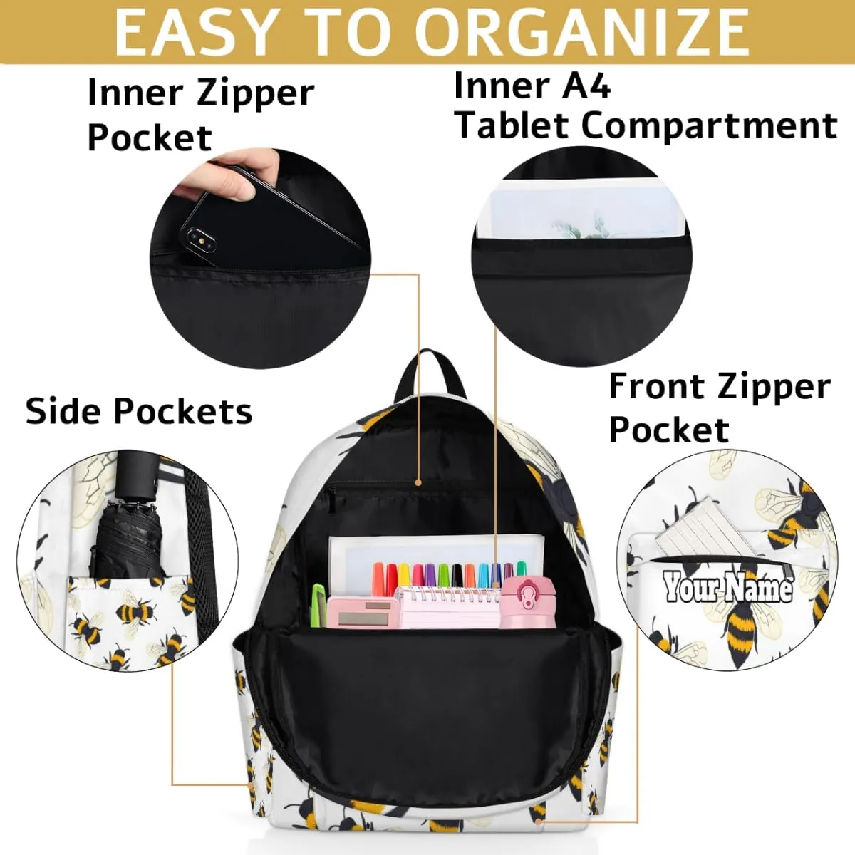 Personalized Cute Bee Preschool Toddler Backpack for Boys Girls Custom Kids Name Small Bookbags Kindergarten Elementary Backpack, Honey Bee