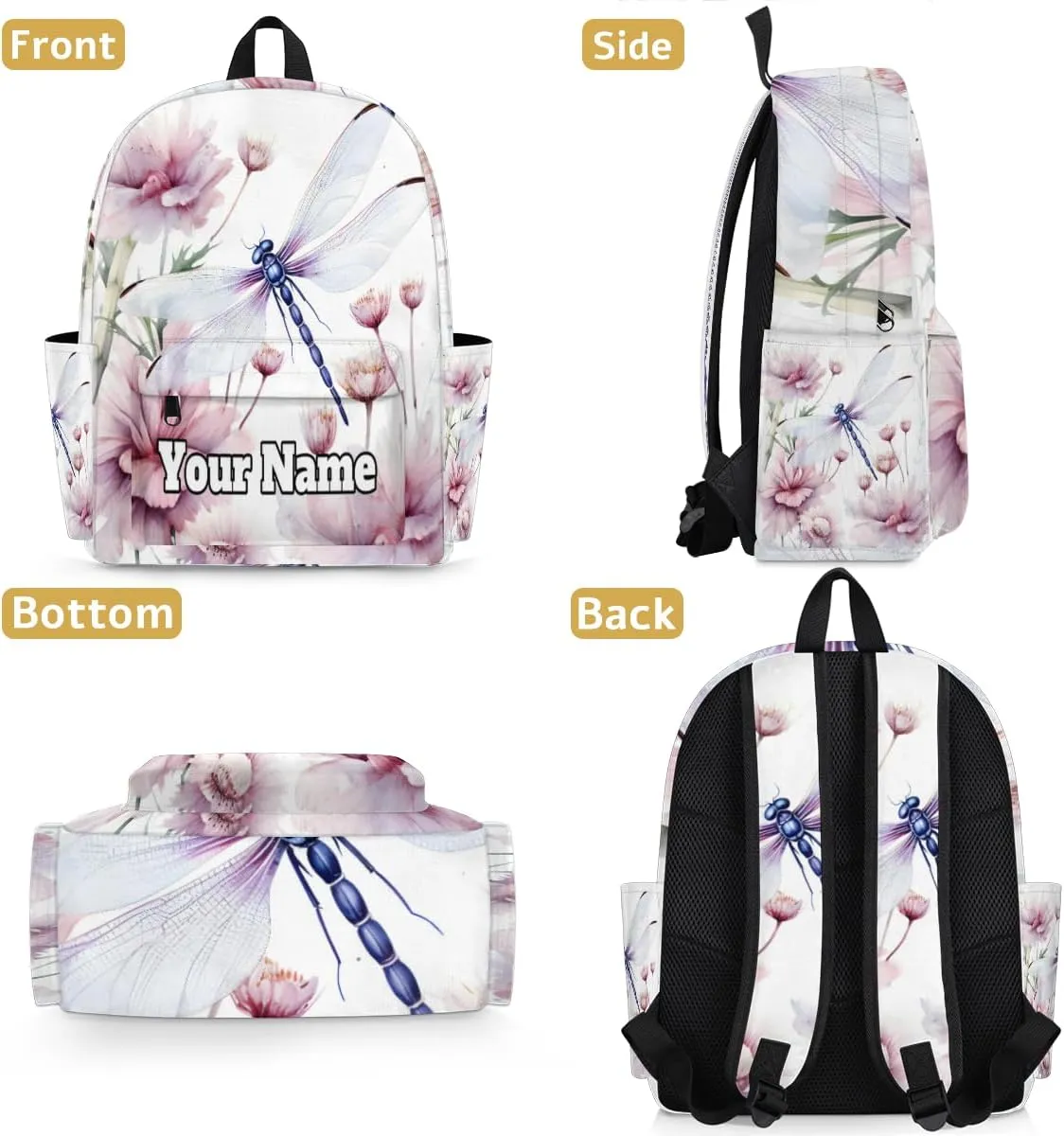 Personalized Dragonfly Preschool Toddler Backpack for Boys Girls Custom Kids Name Small Bookbags Kindergarten Elementary Backpack, Dragonfly Floral
