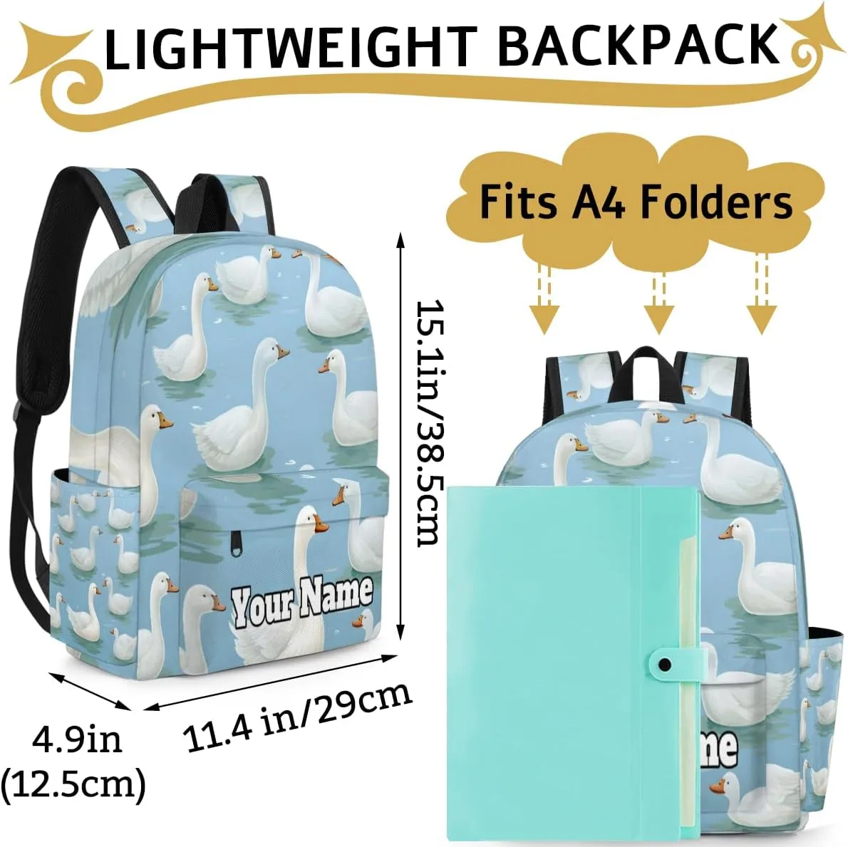 Personalized Duck Preschool Toddler Backpack for Boys Girls Custom Kids Name Small Bookbags Kindergarten Elementary Backpack, White Duck