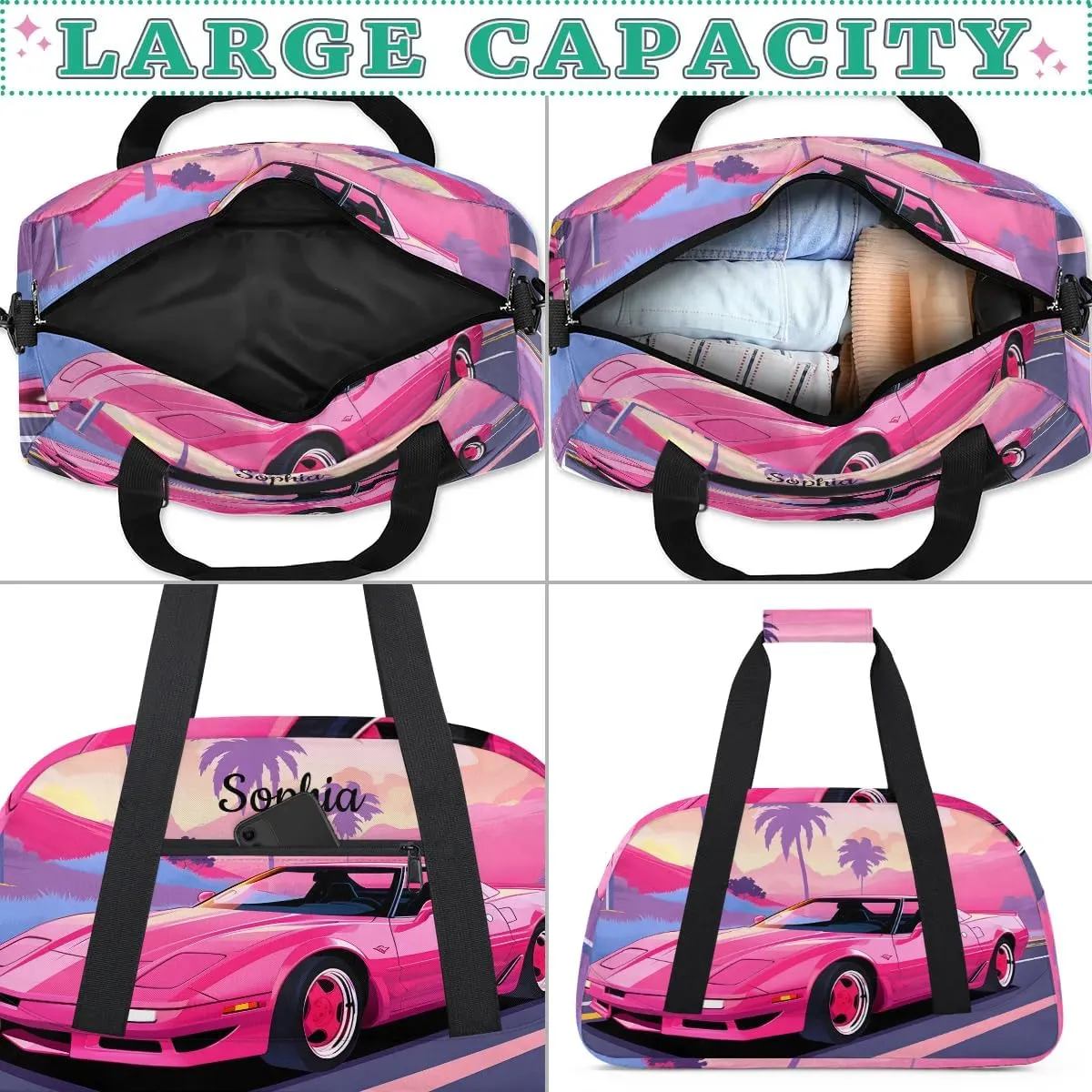 Personalized Duffel Bag Women for Travling Kids Gym Bag Weekender Bag Luggage Bag for Girls & Boys Pink Car