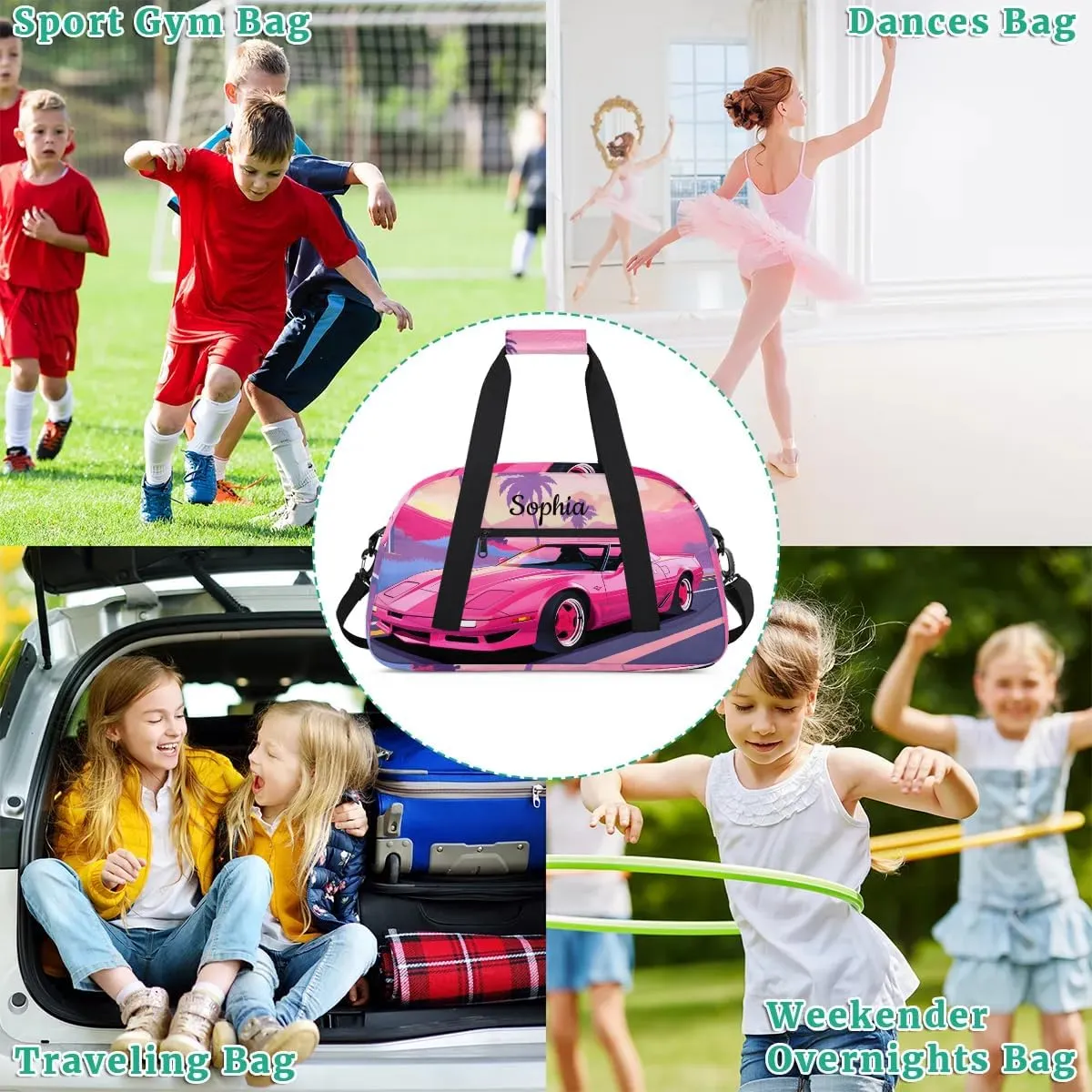 Personalized Duffel Bag Women for Travling Kids Gym Bag Weekender Bag Luggage Bag for Girls & Boys Pink Car