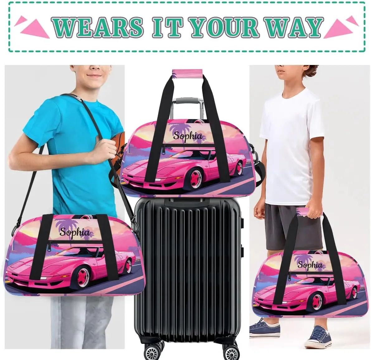 Personalized Duffel Bag Women for Travling Kids Gym Bag Weekender Bag Luggage Bag for Girls & Boys Pink Car