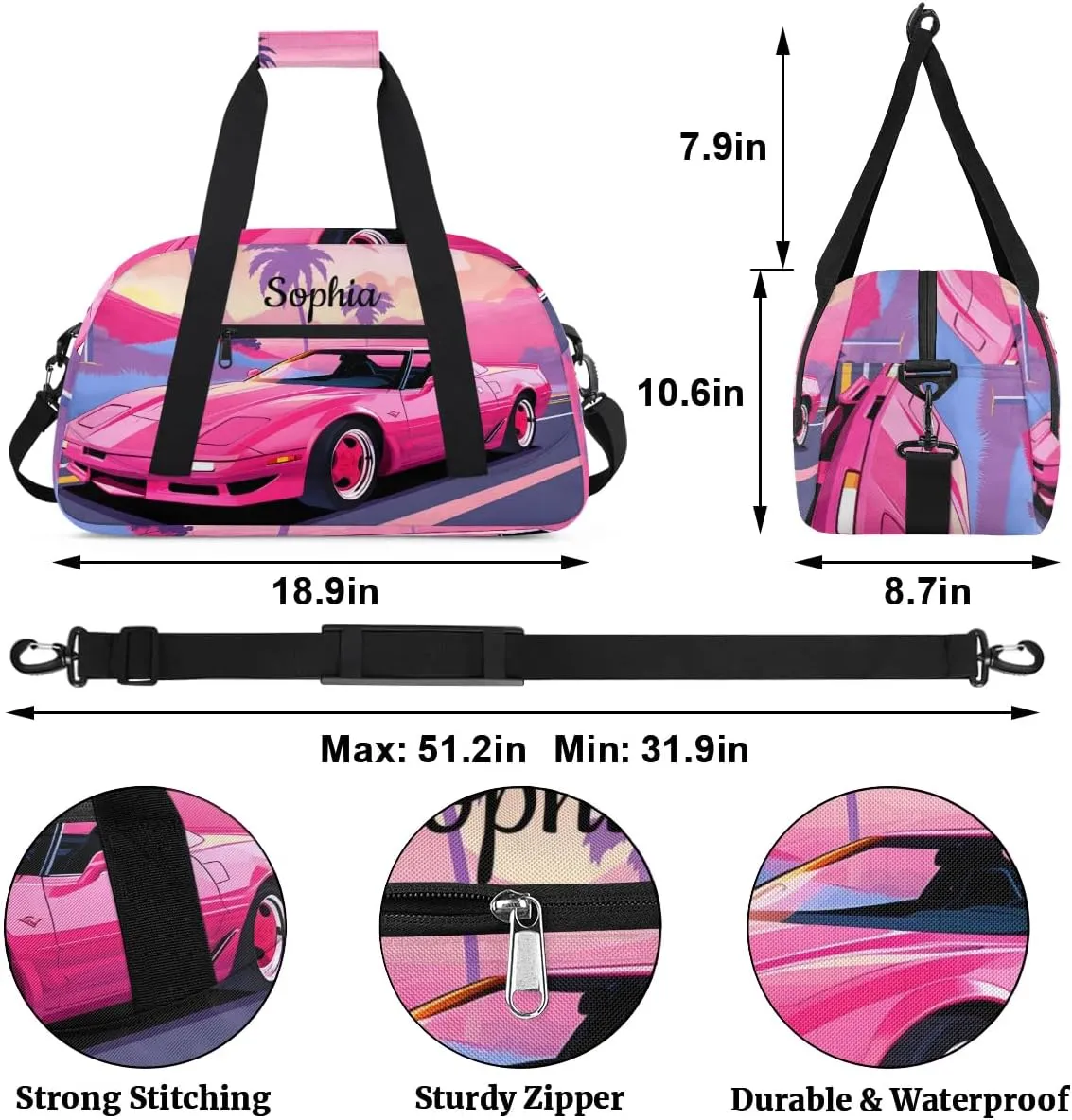 Personalized Duffel Bag Women for Travling Kids Gym Bag Weekender Bag Luggage Bag for Girls & Boys Pink Car