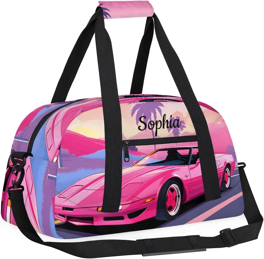 Personalized Duffel Bag Women for Travling Kids Gym Bag Weekender Bag Luggage Bag for Girls & Boys Pink Car