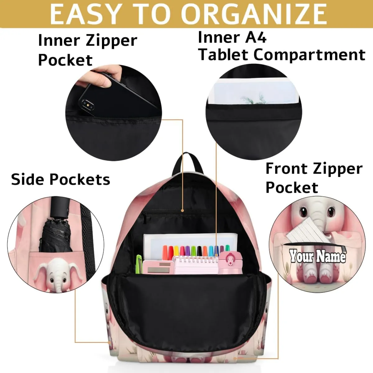 Personalized Elephant Preschool Toddler Backpack for Boys Girls Custom Kids Name Small Bookbags Kindergarten Elementary Backpack, Cute Elephant