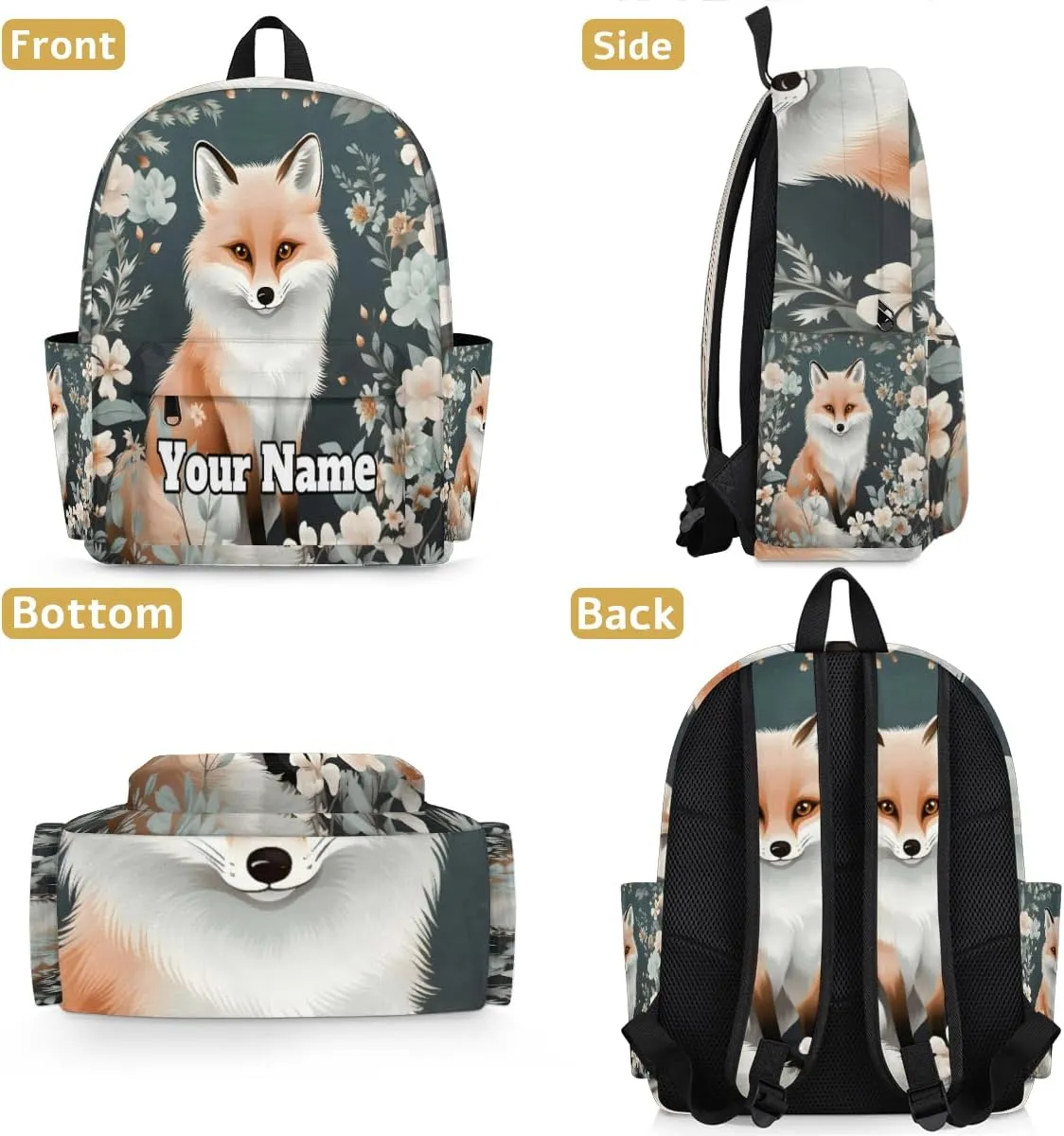 Personalized Fox Preschool Toddler Backpack for Boys Girls Custom Kids Name Small Bookbags Kindergarten Elementary Backpack, Wildflowers