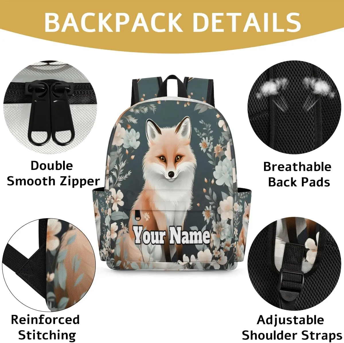 Personalized Fox Preschool Toddler Backpack for Boys Girls Custom Kids Name Small Bookbags Kindergarten Elementary Backpack, Wildflowers