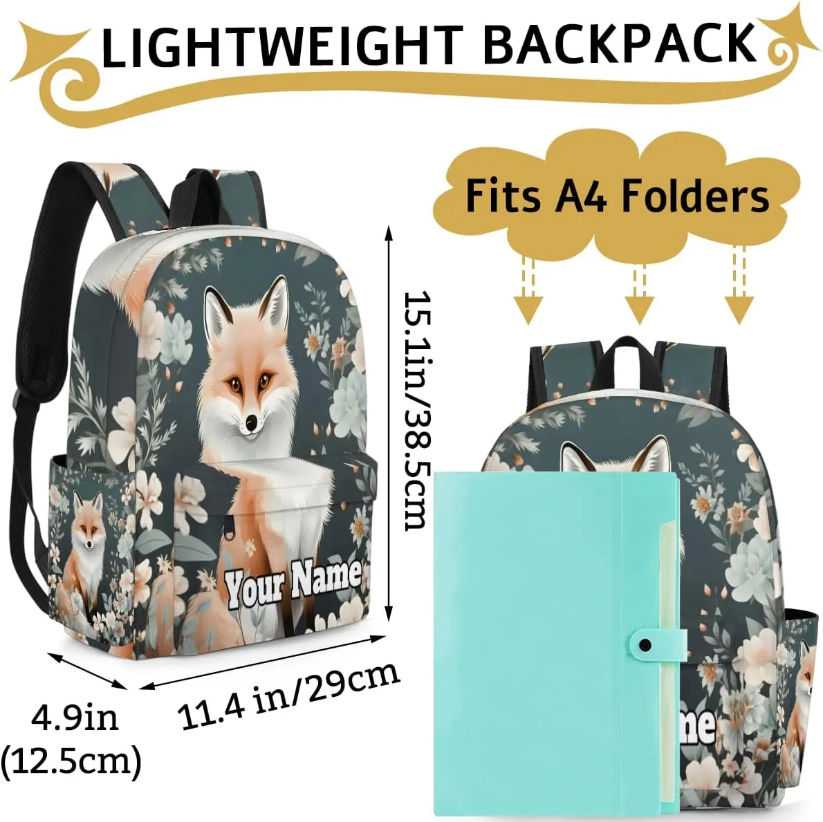 Personalized Fox Preschool Toddler Backpack for Boys Girls Custom Kids Name Small Bookbags Kindergarten Elementary Backpack, Wildflowers
