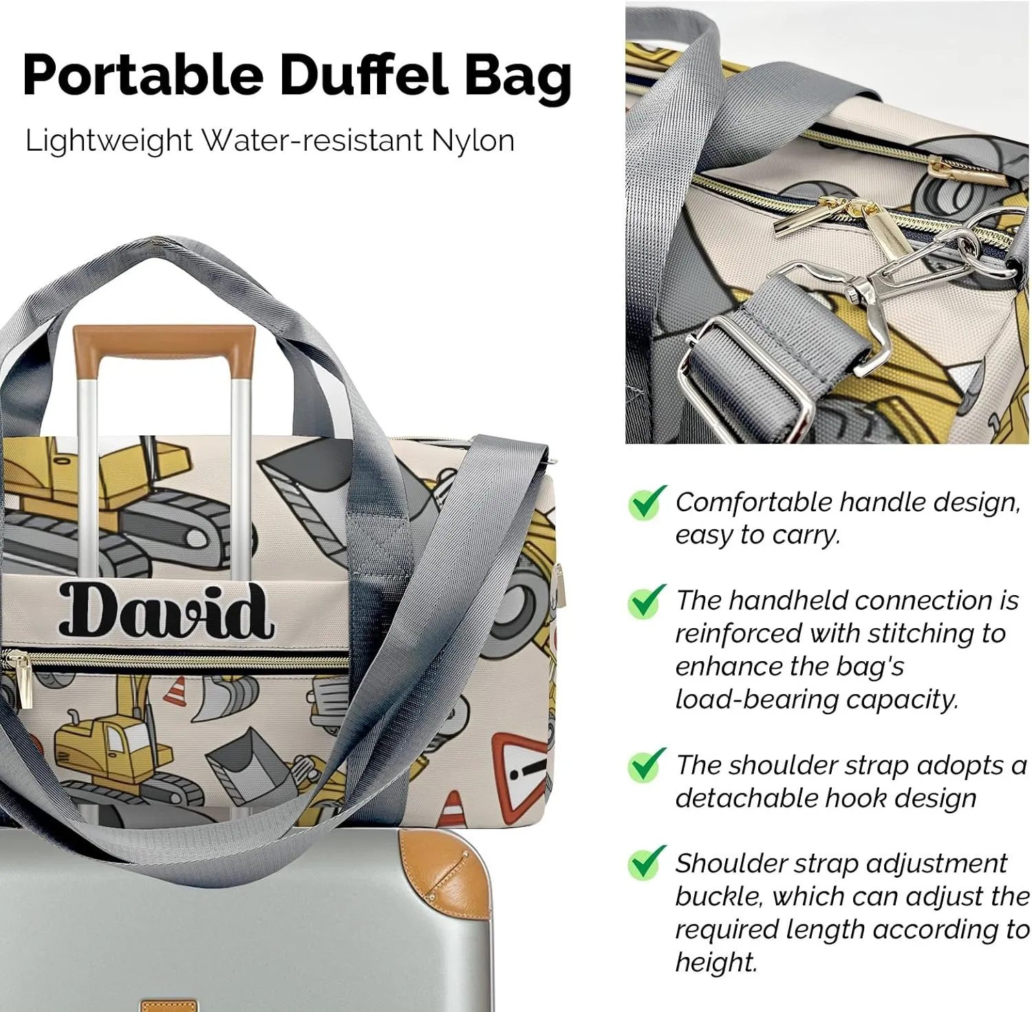 Personalized Gym Bag for Girls Teens,Truck Dump Jump Excavator Bulldozer Custom Dance Bag Overnight Small Duffel Bag Carry On Weekend Sports Travel Bag for Practice Gymnastics Ballet