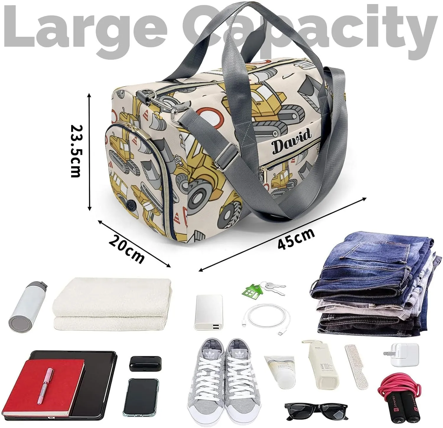 Personalized Gym Bag for Girls Teens,Truck Dump Jump Excavator Bulldozer Custom Dance Bag Overnight Small Duffel Bag Carry On Weekend Sports Travel Bag for Practice Gymnastics Ballet