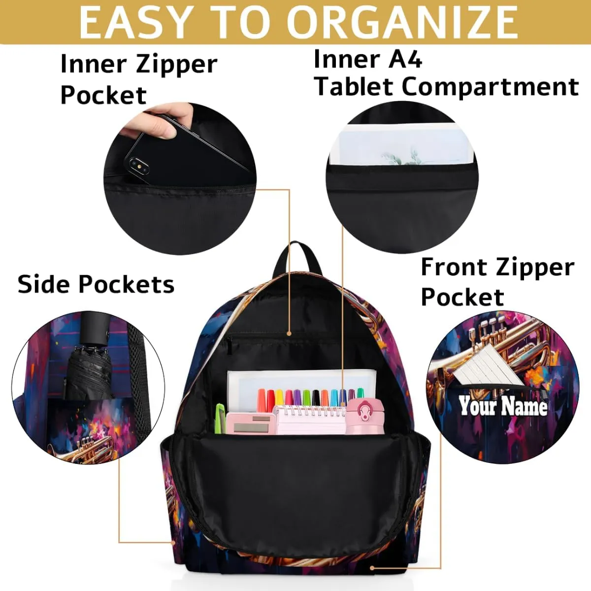 Personalized Music Theme Preschool Toddler Backpack for Boys Girls Custom Kids Name Small Bookbags Kindergarten Elementary Backpack, Saxophone