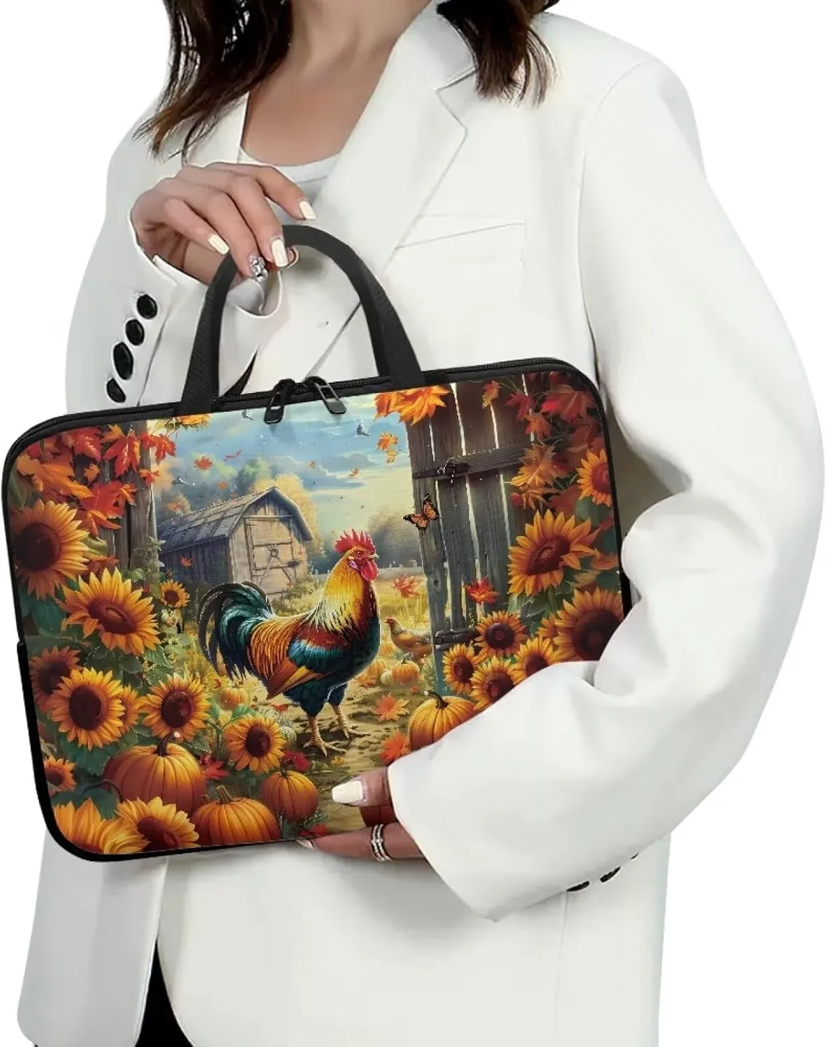 Personalized Pattern Laptop Bag for Men 10-17 Inch Laptop Case Print Rooster & Sunflowers Pattern Computer Carrying Case Laptop Sleeve Bag