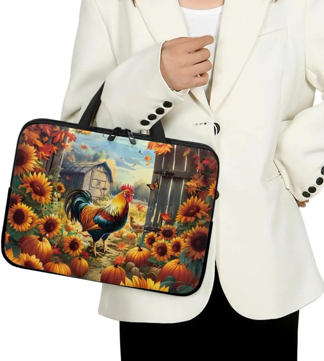 Personalized Pattern Laptop Bag for Men 10-17 Inch Laptop Case Print Rooster & Sunflowers Pattern Computer Carrying Case Laptop Sleeve Bag