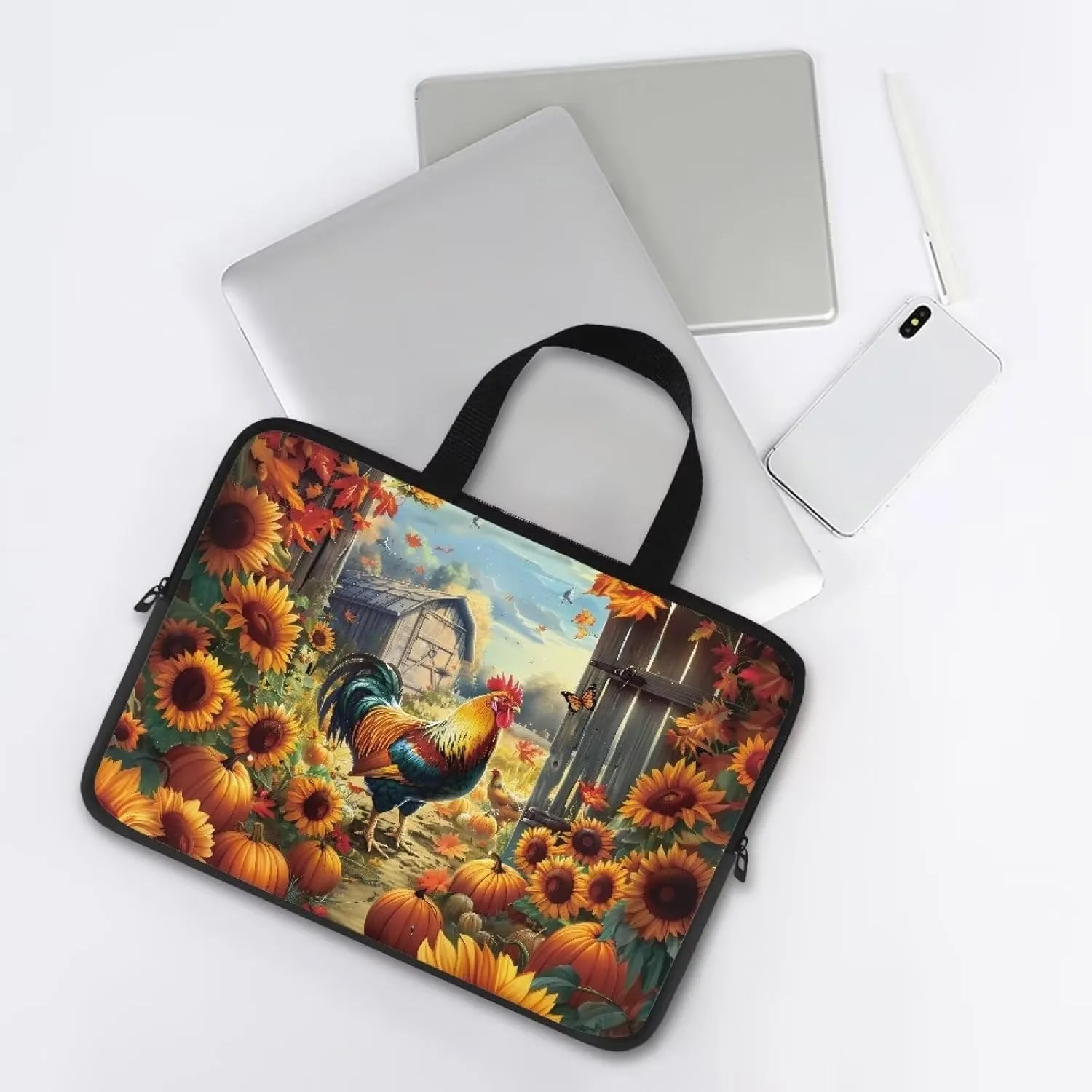Personalized Pattern Laptop Bag for Men 10-17 Inch Laptop Case Print Rooster & Sunflowers Pattern Computer Carrying Case Laptop Sleeve Bag