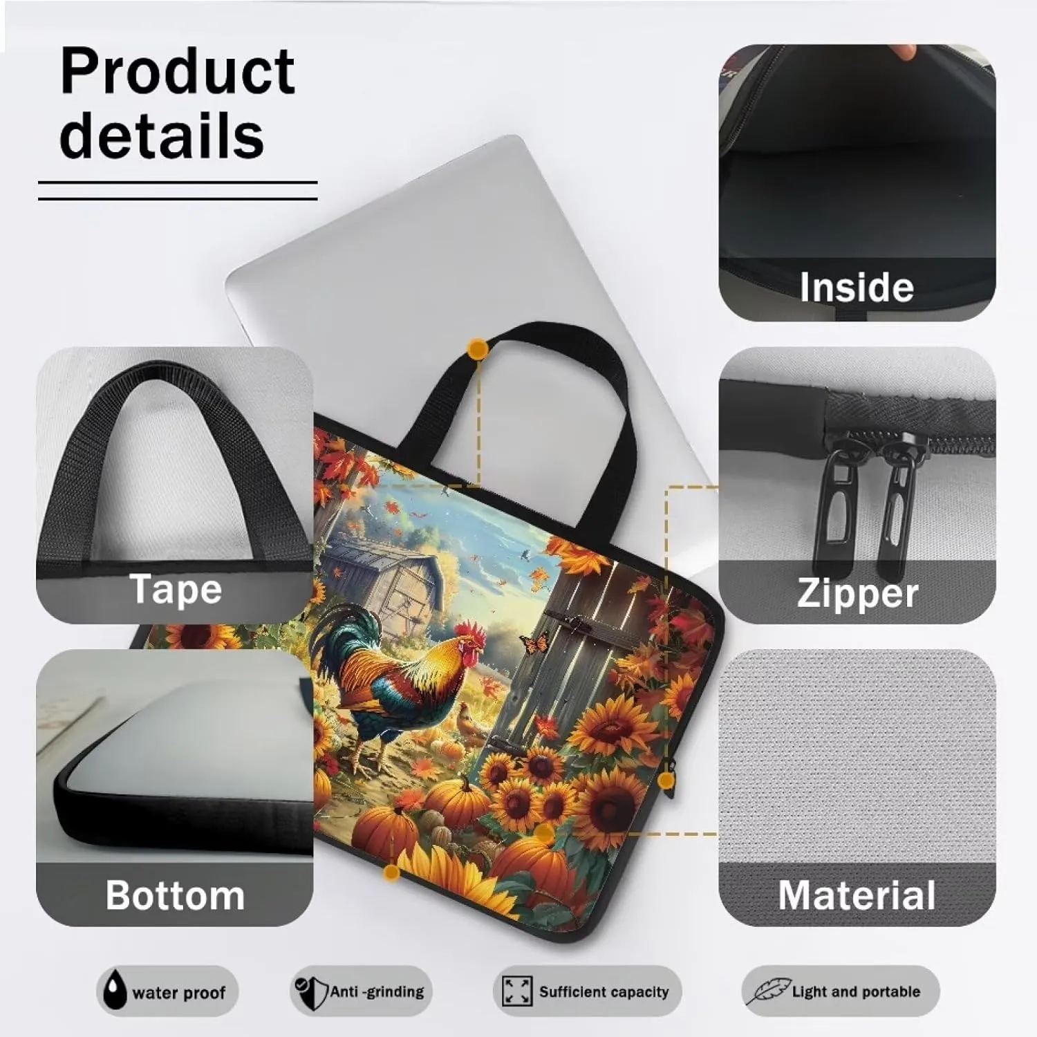 Personalized Pattern Laptop Bag for Men 10-17 Inch Laptop Case Print Rooster & Sunflowers Pattern Computer Carrying Case Laptop Sleeve Bag
