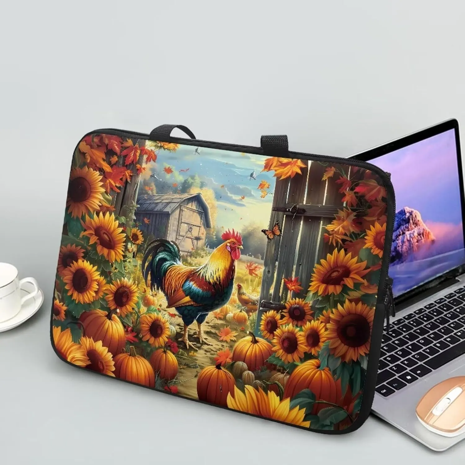 Personalized Pattern Laptop Bag for Men 10-17 Inch Laptop Case Print Rooster & Sunflowers Pattern Computer Carrying Case Laptop Sleeve Bag
