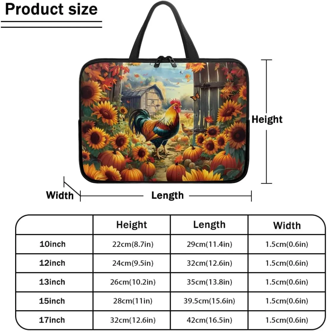 Personalized Pattern Laptop Bag for Men 10-17 Inch Laptop Case Print Rooster & Sunflowers Pattern Computer Carrying Case Laptop Sleeve Bag