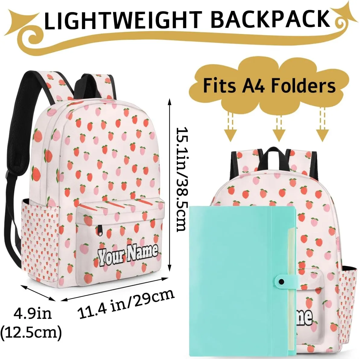 Personalized Peach Preschool Toddler Backpack for Boys Girls Custom Kids Name Small Bookbags Kindergarten Elementary Backpack, Sweet Peach