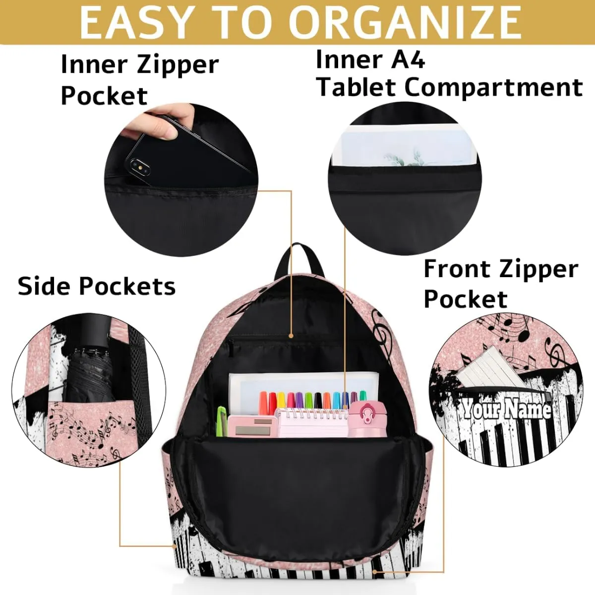 Personalized Piano Keyboard Preschool Toddler Backpack for Boys Girls Custom Kids Name Small Bookbags Kindergarten Elementary Backpack, Music Notes