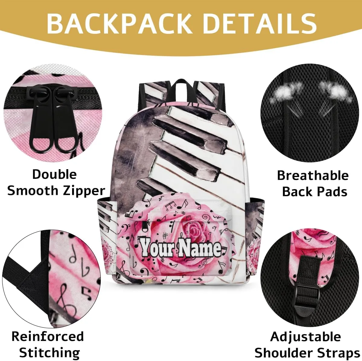 Personalized Piano Keys Music Preschool Toddler Backpack for Boys Girls Custom Kids Name Small Bookbags Kindergarten Elementary Backpack, Rose
