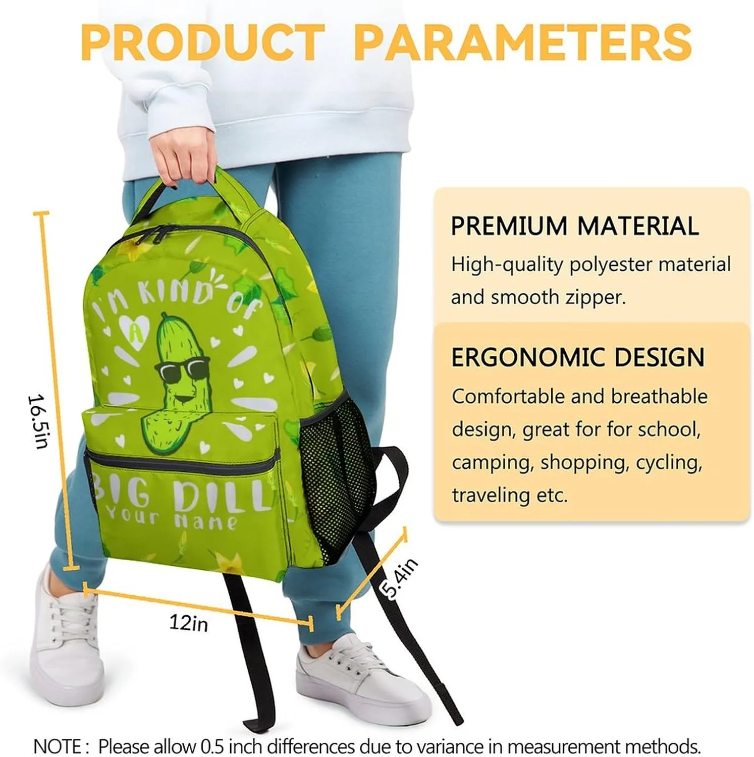 Personalized Pickle School Backpack for Girls Boys, 16 Inch Green Backpacks for Kids Age 10-12, Funny Lightweight Bookbag for Travel