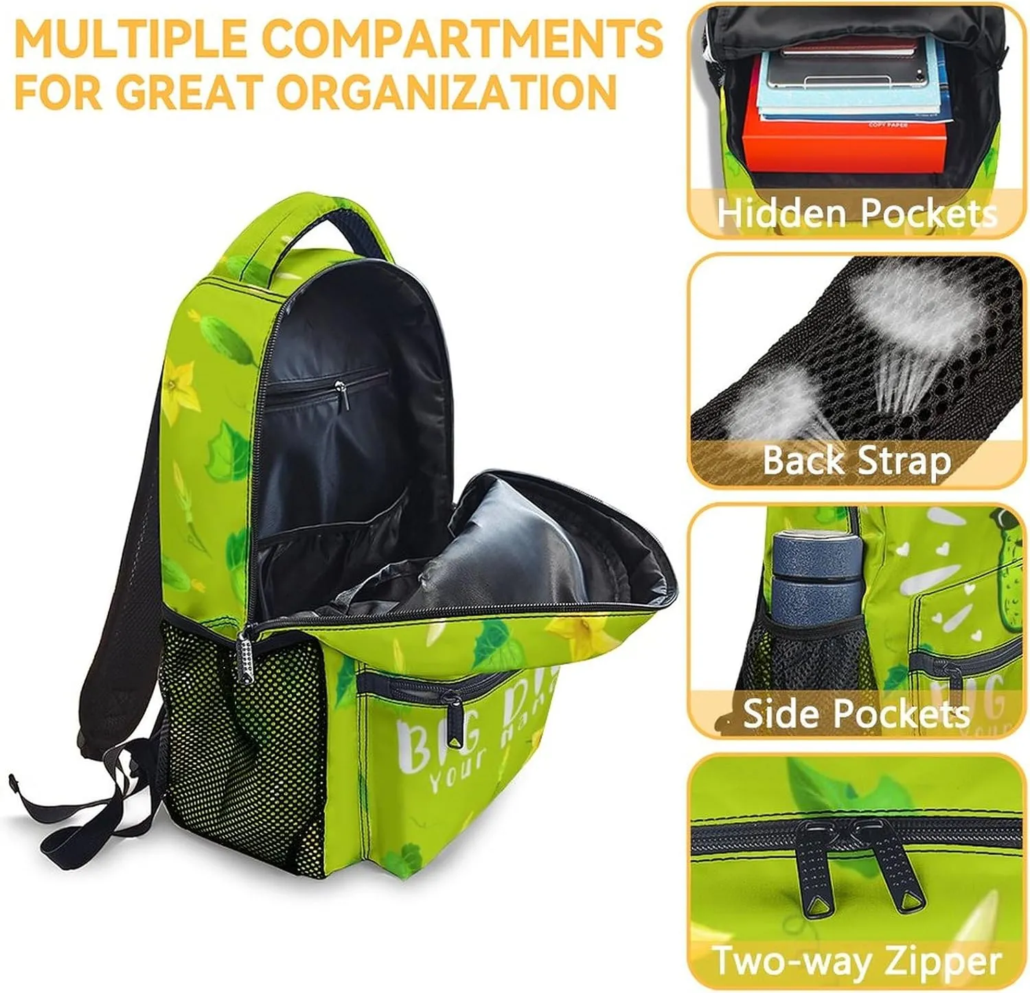 Personalized Pickle School Backpack for Girls Boys, 16 Inch Green Backpacks for Kids Age 10-12, Funny Lightweight Bookbag for Travel