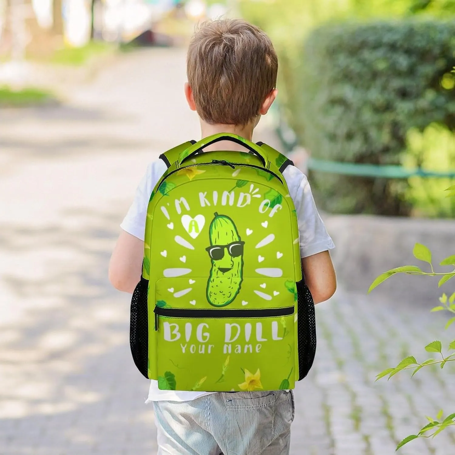 Personalized Pickle School Backpack for Girls Boys, 16 Inch Green Backpacks for Kids Age 10-12, Funny Lightweight Bookbag for Travel